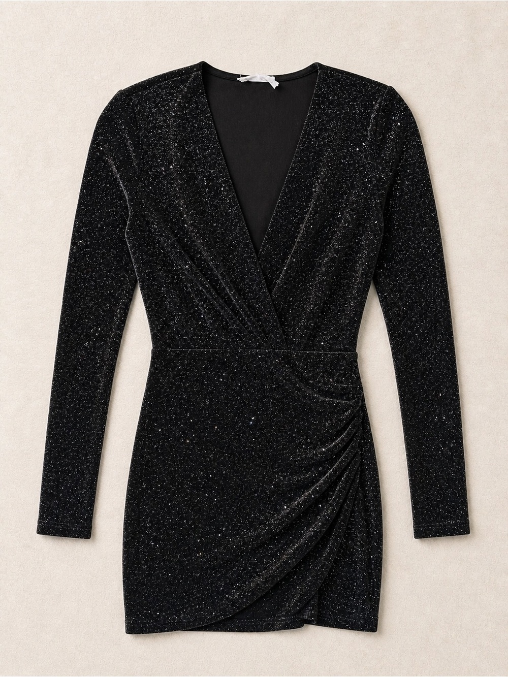 Celeb Black Sparkle Bodycon Dress Long Sleeve V Neck Mini Size Medium